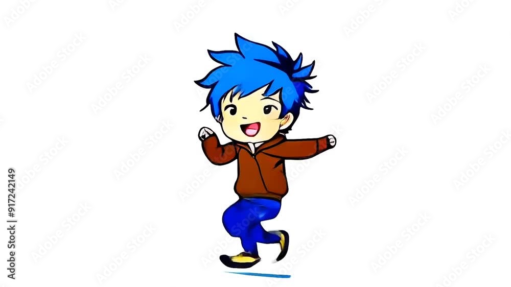Illustration of a chibi-style boy with blue hair running. He is wearing a brown hoodie and blue pants on a white background. Illustration of a chibi-style boy with blue hair running. He is wearing a brown hoodie and blue pants on a white background.