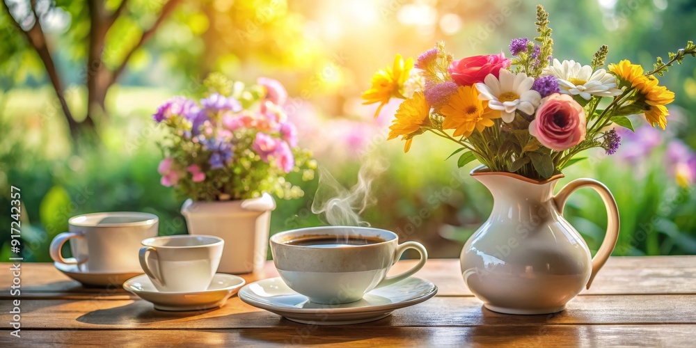 Fototapeta premium Morning Coffee with Blooming Flowers, Cup, Coffee, Flowers, Sun, Breakfast