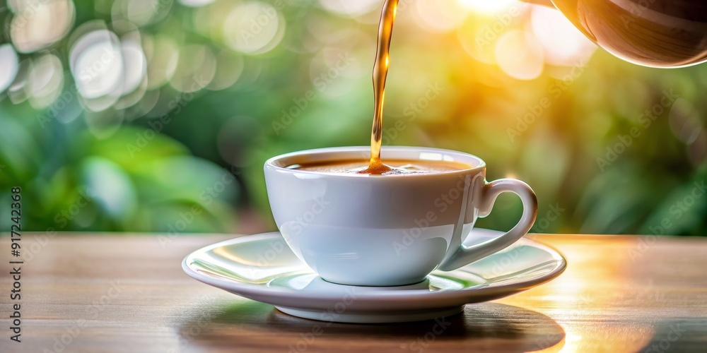 Obraz premium Morning Coffee Pour in White Cup on Wooden Table, Coffee , Tea , Beverage , Morning