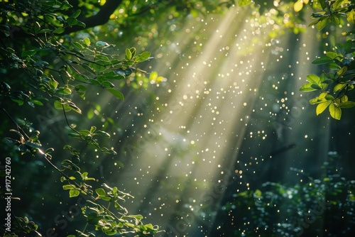 Golden sunbeams filter through the lush green canopy of a forest, illuminating the surroundings with a warm, peaceful glow.