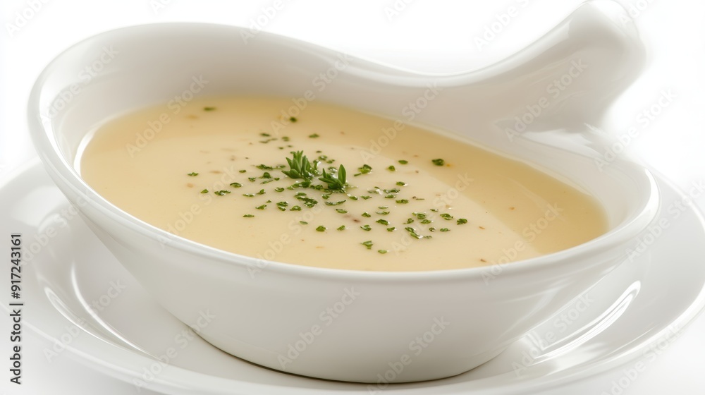 A pristine bowl of creamy soup garnished with finely chopped herbs, served on a white dishware, exuding a sense of elegance and gourmet finesse. A pristine bowl of creamy soup garnished with finely chopped herbs, served on a white dishware, exuding a sense of elegance and gourmet finesse.
