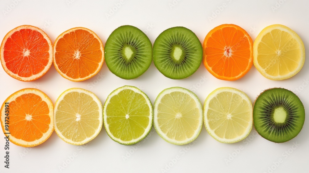 Obraz premium Vividly colored slices of citrus fruits including oranges, lemons, limes, and kiwis are arranged in a neat horizontal line, showcasing a spectrum of freshness.