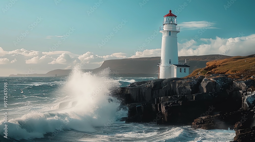 Obraz premium A picturesque lighthouse on a rocky coast with waves crashing