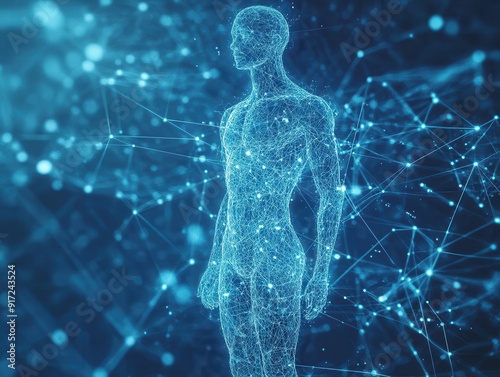 A digital representation of the human body showcasing intricate networks and connections in a futuristic style.