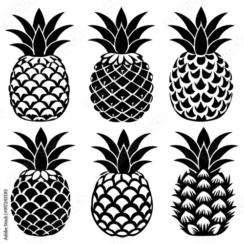 Set of realistic Pineapple Fruit and Leaves Silhouettes, Pineapple outline seamless pattern for textile, Pineapple Fruit and Leaves icon set.