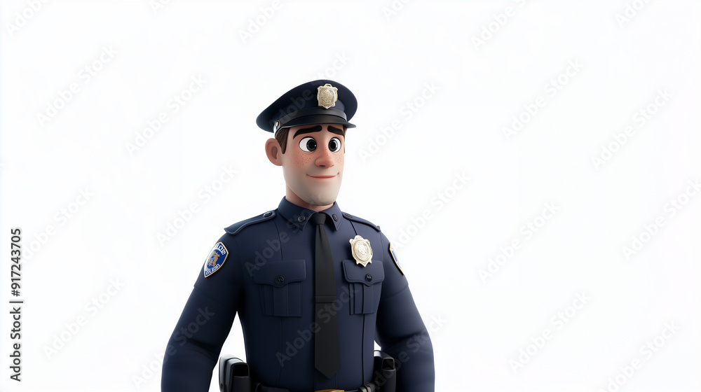 3d rendered cartoon young police officer in uniform with a serious authoritative expression illuminated by sharp focused lighting on a white background 4k 3d rendered cartoon young police officer in uniform with a serious authoritative expression illuminated by sharp focused lighting on a white background 4k