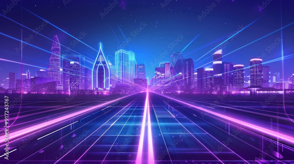 Fototapeta premium Neon Cityscape with Glowing Road