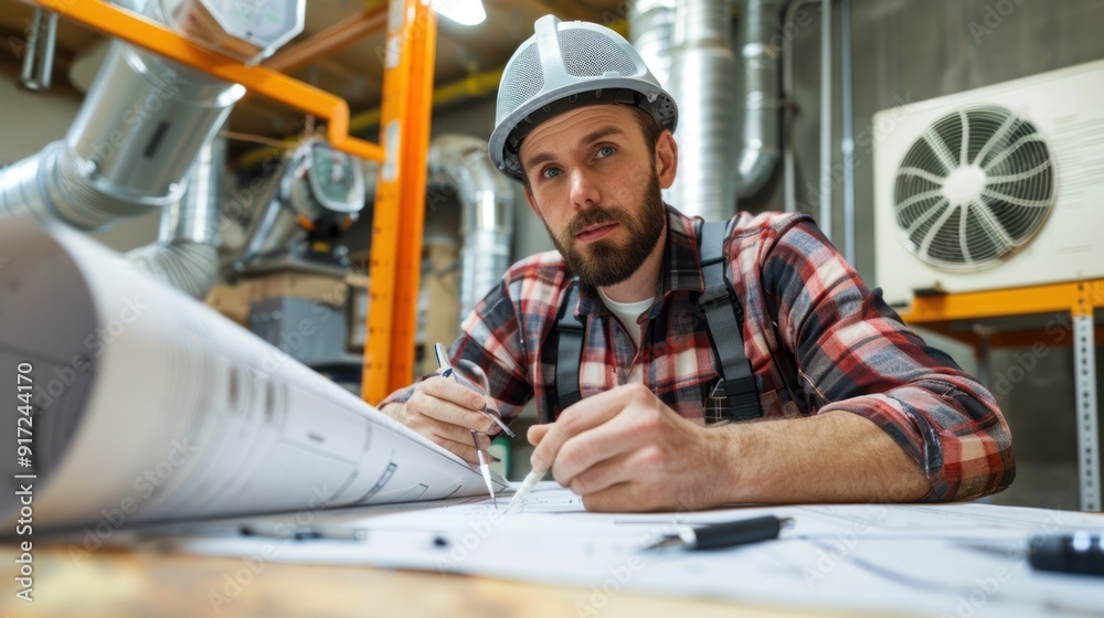 HVAC contractor with blueprints and tools in office HVAC contractor with blueprints and tools in office