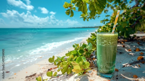 Tall glass of green avocado juice with a striped straw, set on a beach with turquoise waters and lush foliage, captures tropical, refreshing vibe, healthy and delicious nature drink. photo