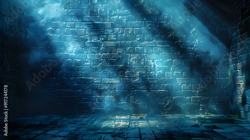 Dark brick wall under eerie blue spotlight with misty floor.. AI generative. photo