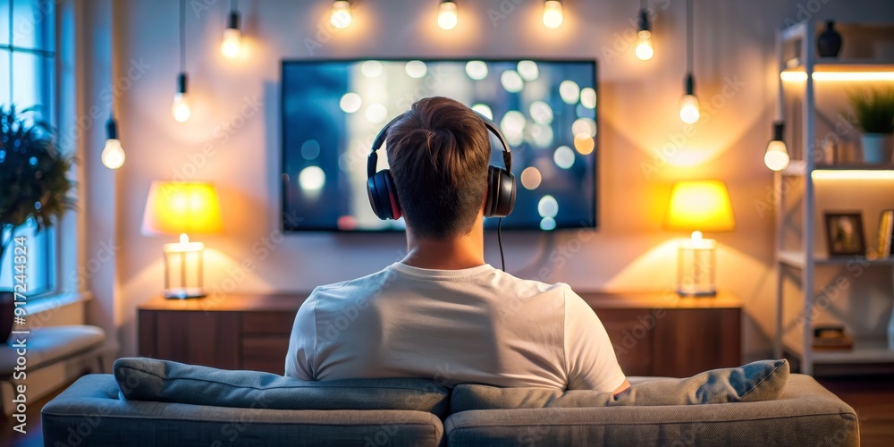 Naklejka premium Rear View of a Man Wearing Headphones Watching TV, Living Room, Couch, Nighttime, Relaxation, Entertainment, Movie