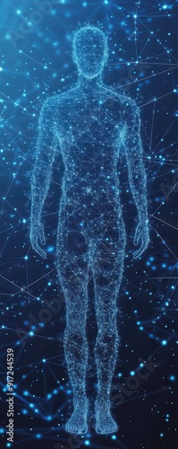 A futuristic digital representation of a human figure made of glowing connections and data points, symbolizing technology and health.