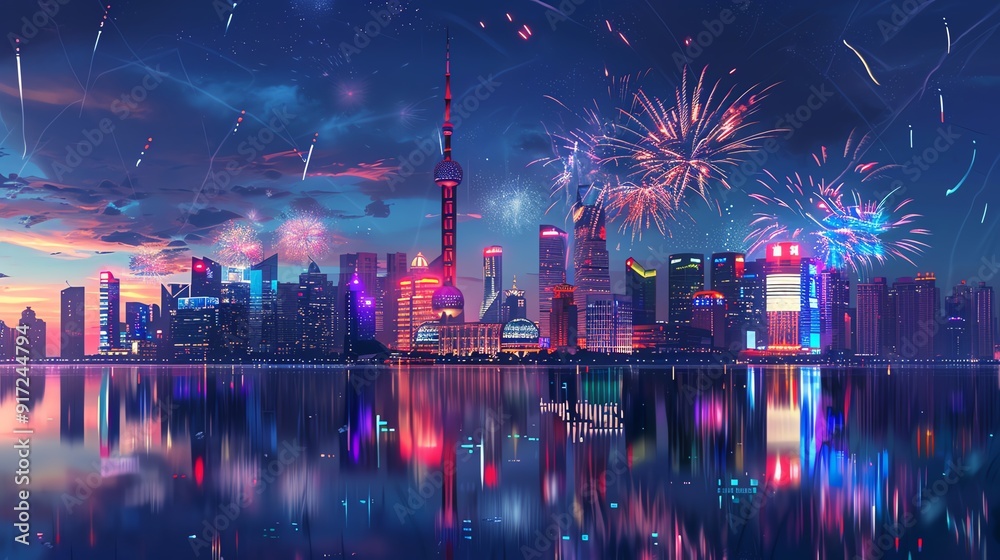 Naklejka premium A vibrant cityscape at night with fireworks lighting up the sky