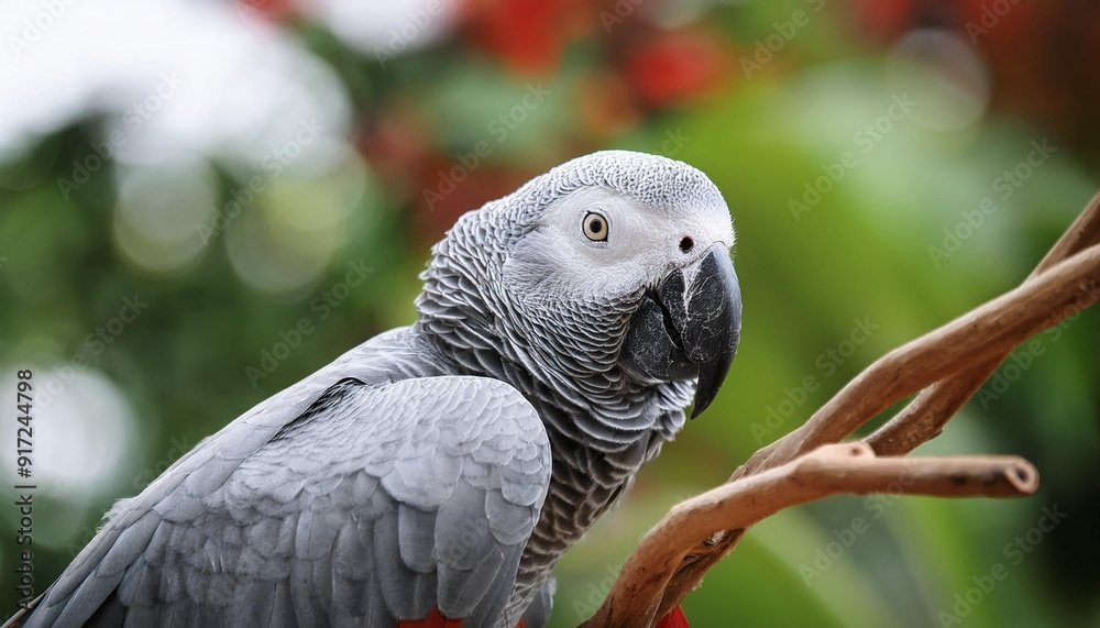 A grey parrot sitting on a branch, head slightly tilted, intelligent look, grey plumage, red tail feathers A grey parrot sitting on a branch, head slightly tilted, intelligent look, grey plumage, red tail feathers