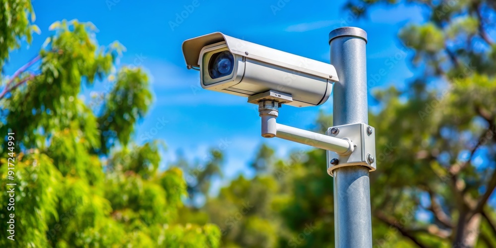 Security Camera Mounted on a Pole, Clear Sky, Outdoor, Green Foliage, Surveillance, Security, Camera Security Camera Mounted on a Pole, Clear Sky, Outdoor, Green Foliage, Surveillance, Security, Camera