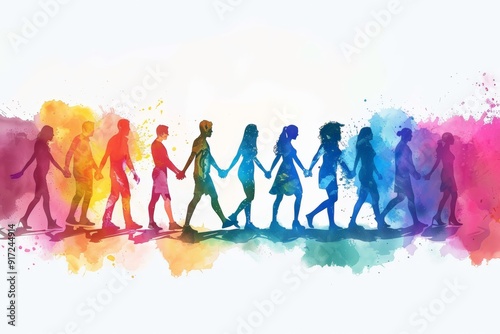 Wallpaper Mural Silhouettes diverse people holding hands, standing against bright, colorful, abstract background, Image unity, pride, togetherness within LGBTQ+ community, celebrating diversity inclusion in vibrant. Torontodigital.ca