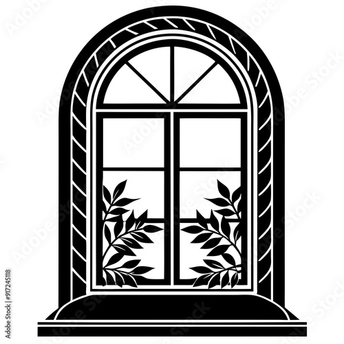 A black arched window frame whit plants