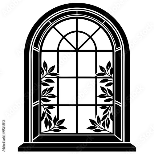 A black arched window frame whit plants
