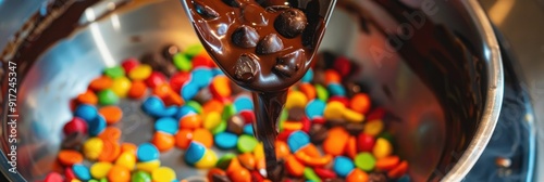 Melting colorful chocolate chips in a candy melting pot for creating carrot chocolate covered pretzels photo