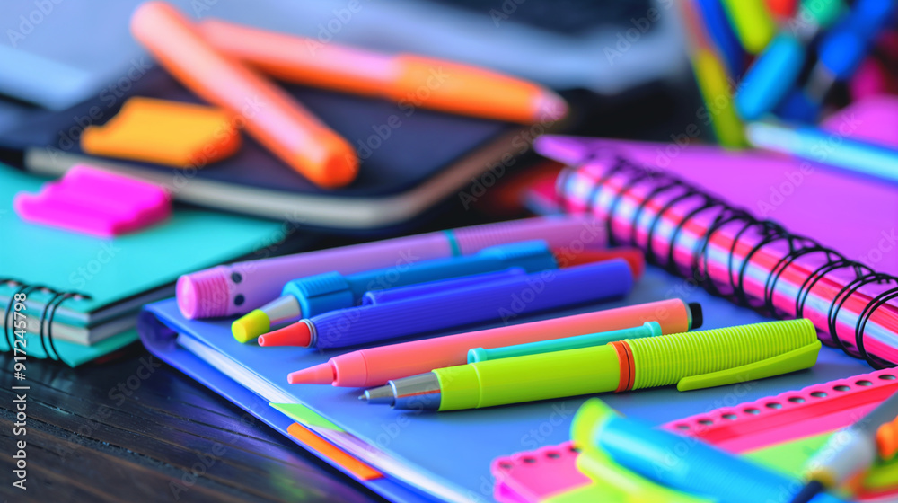 Study Essentials: Close-up of study materials like notebooks, highlighters, and planners with space for study tips