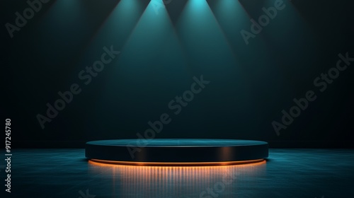 An empty game show stage with a glowing podium, polished floor, and dark backdrop. A sleek game show stage with a polished floor, single podium, and focused spotlight.