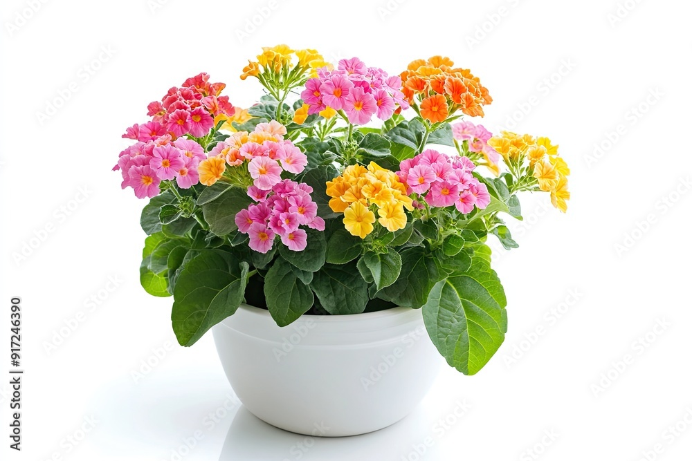 Colorful lantana flowers in the pot isolated on a white background Colorful lantana flowers in the pot isolated on a white background
