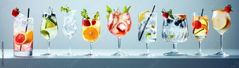 1 An artistic arrangement of several gin tonic glasses, varying in height and garnish details, set against a uniform, lightcolored background, broad negative space for text 1 An artistic arrangement of several gin tonic glasses, varying in height and garnish details, set against a uniform, lightcolored background, broad negative space for text