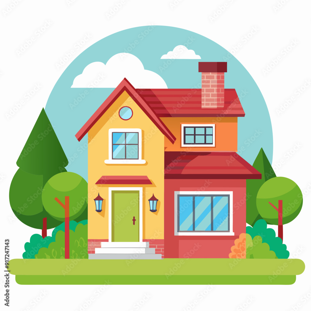 Extérieur mignon de maison moderne. Domaine de la campagne. Isolat vectoriel sur fond blanc Extérieur mignon de maison moderne. Domaine de la campagne. Isolat vectoriel sur fond blanc