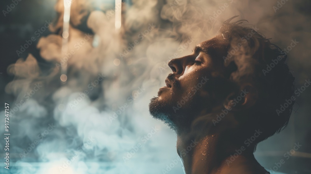 Thoughtful man taking a sauna bath in a steam room, surrounded by steam Thoughtful man taking a sauna bath in a steam room, surrounded by steam