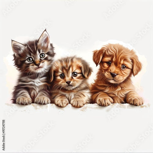 Adorable pets featuring a kitten and puppies, showcasing their playful spirit and charming expressions.