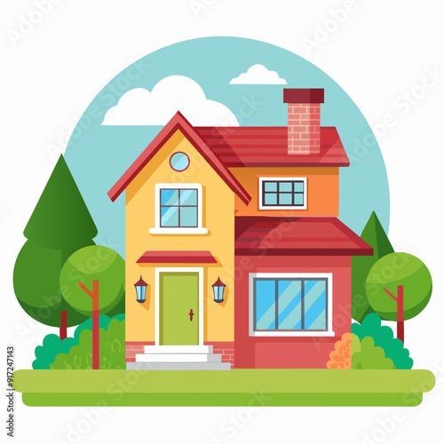 Extérieur mignon de maison moderne. Domaine de la campagne. Isolat vectoriel sur fond blanc