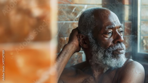 Man with a contemplative expression, seated in a steam room for a sauna experience photo