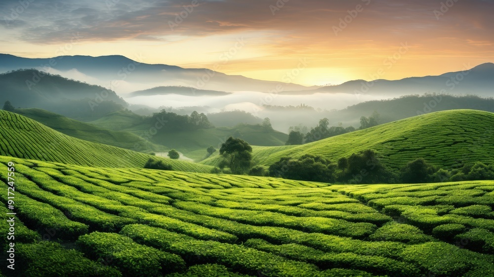 Serene Tea Plantation Landscape at Sunrise Serene Tea Plantation Landscape at Sunrise