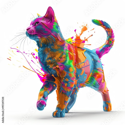 Vibrant and colorful cat design featuring splashes of paint, perfect for art lovers and feline enthusiasts. photo