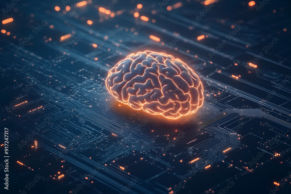 A glowing brain on a circuit board symbolizes artificial intelligence and advanced technology A glowing brain on a circuit board symbolizes artificial intelligence and advanced technology