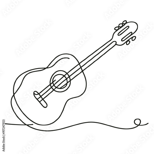 Simple continuous line drawing of a guitar, minimalistic style