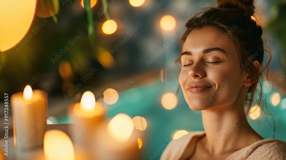 Serene woman in a spa surrounded by candles, indulging in physical therapy and beauty care