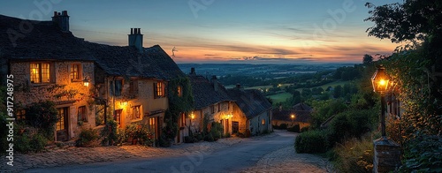 Charming village street illuminated by warm lights at dusk, showcasing peaceful countryside and serene evening atmosphere. photo