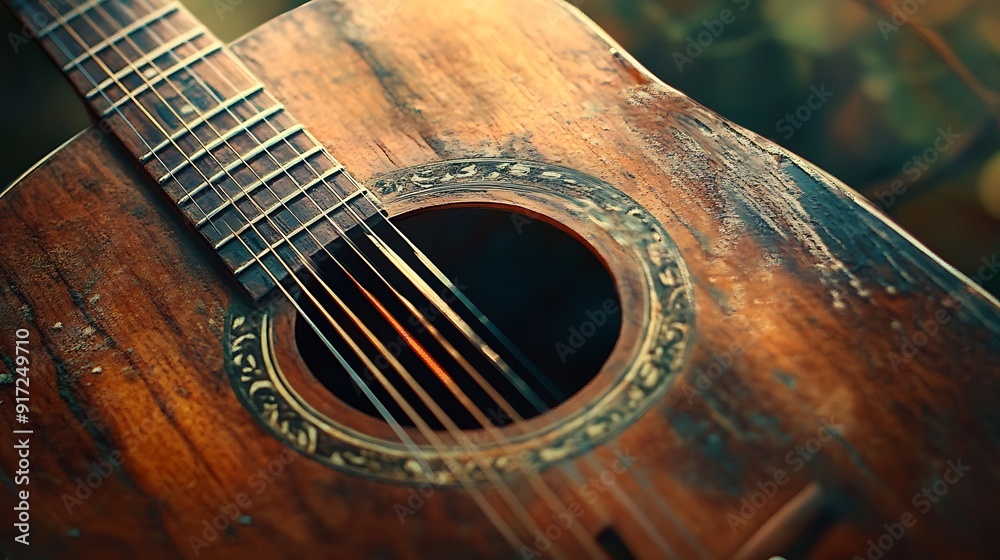 Obraz premium Close-up of a Worn Acoustic Guitar Soundhole