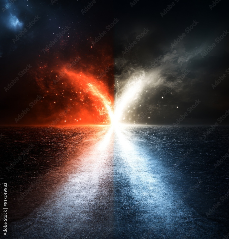 Obraz premium Crossroads of Destiny: The Struggle Between Light and Darkness, Symbolizing the Eternal Battle of Good and Evil, Overcoming Adversity, and the Spiritual Journey Toward a Brighter Future.