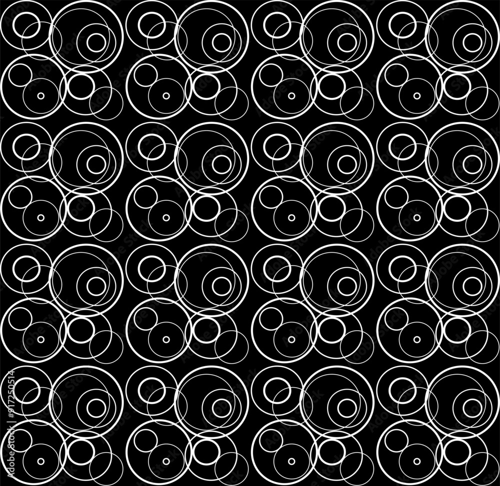 Geometric seamless pattern in the form of white rings and circles on a black background Geometric seamless pattern in the form of white rings and circles on a black background