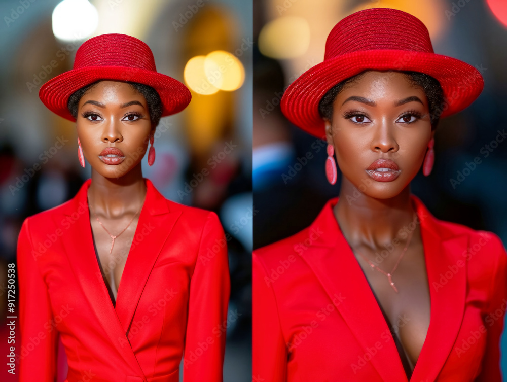 The woman is wearing a red hat and a red dress. She is smiling and looking at the camera