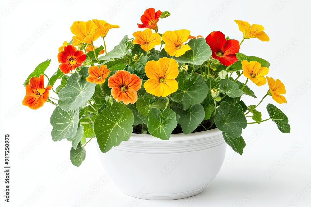 Colorful nasturtium flowers in the pot isolated on a white background Colorful nasturtium flowers in the pot isolated on a white background
