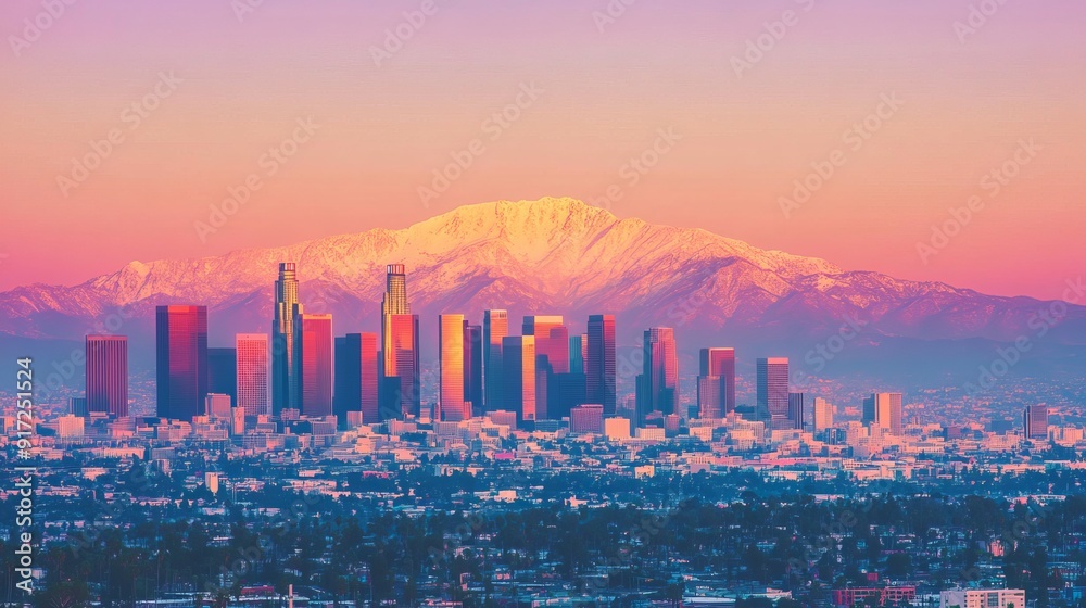 Obraz premium Skyline of Los Angeles with snow-capped mountain in background