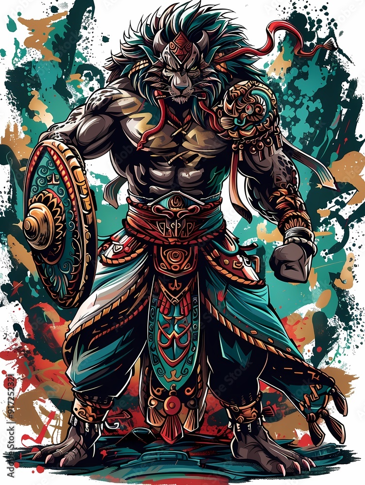 Fototapeta premium A powerful anthropomorphic lion warrior adorned in ornate armor and vibrant colors, ready for battle.