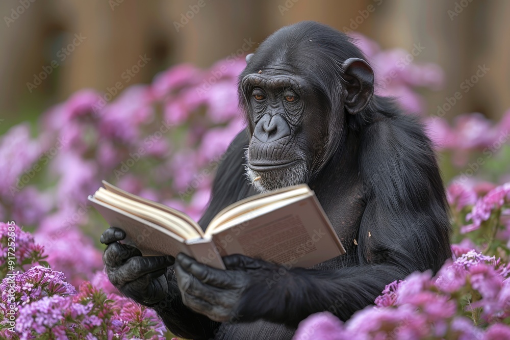 Chimpanzee Enjoys Reading A Book Surrounded By Beautiful Purple Flowers In A Sunny Garden Chimpanzee Enjoys Reading A Book Surrounded By Beautiful Purple Flowers In A Sunny Garden