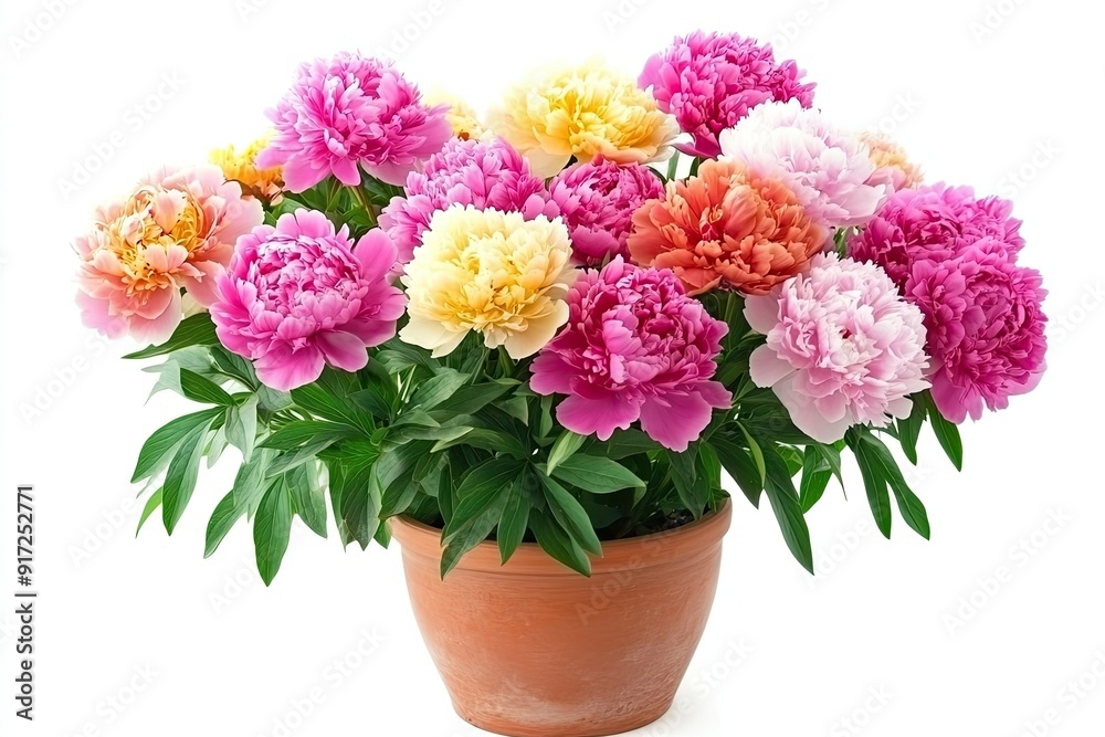 Colorful peony flowers in the pot isolated on a white backgroun Colorful peony flowers in the pot isolated on a white backgroun
