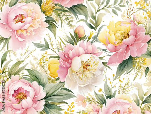 Seamless pattern with watercolor flowers. Peonies, anemone, citrus and roses. Illustration
