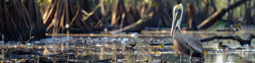 Pelican standing in water among floating debris and trees showcasing its elongated neck and beak Pelican standing in water among floating debris and trees showcasing its elongated neck and beak