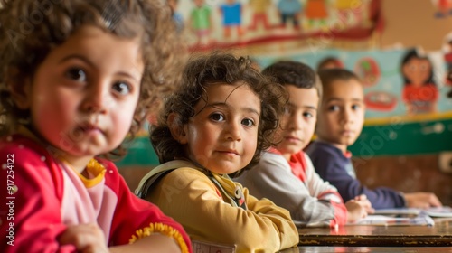 The children are sitting in a classroom and looking at the camera